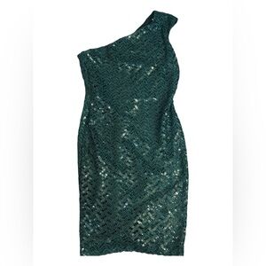 David Meister Elegant Green Sequin One-Shoulder Dress